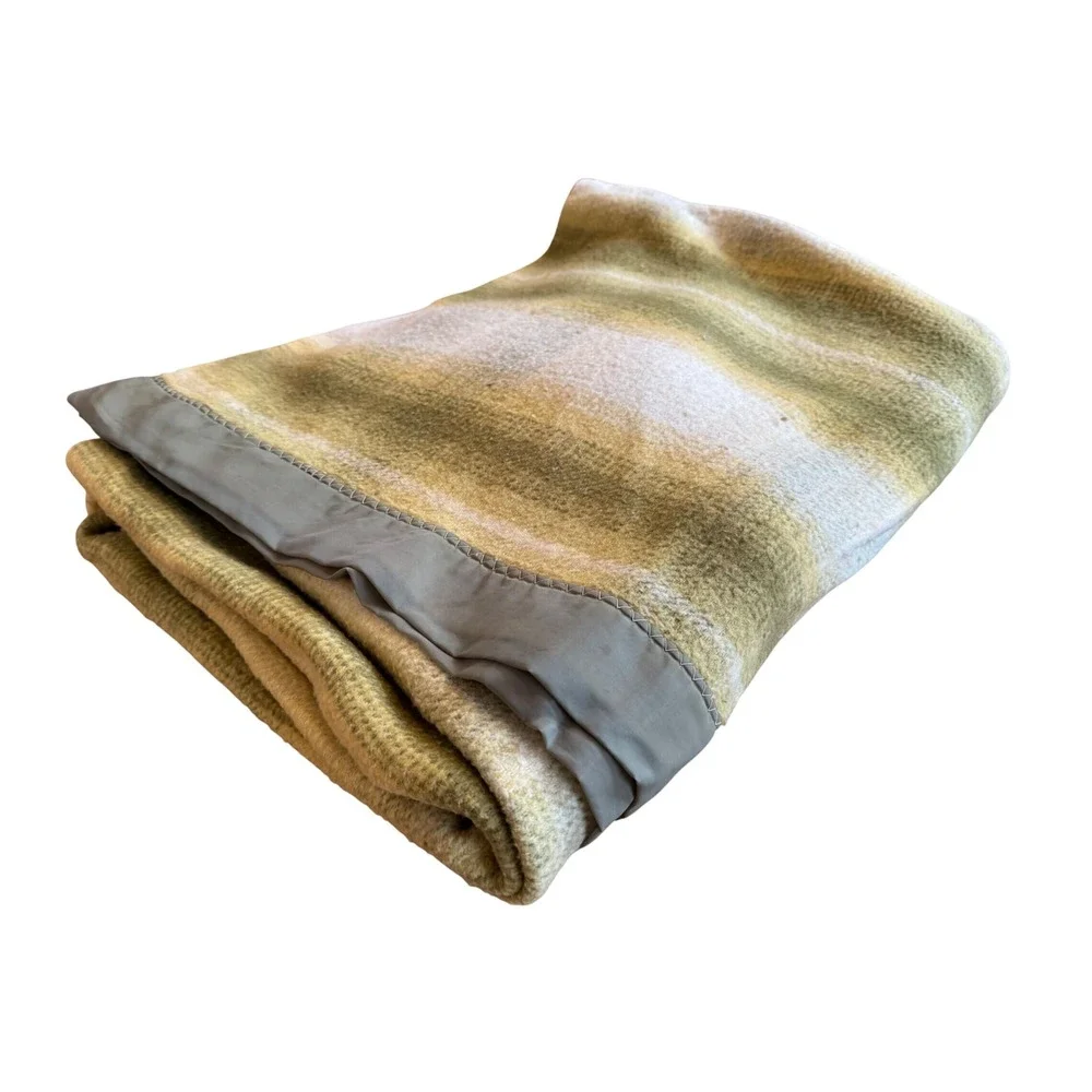 Vintage Twin Striped Wool Blanket Olive Green Satin Trim 80x64 Mid Century Cabin